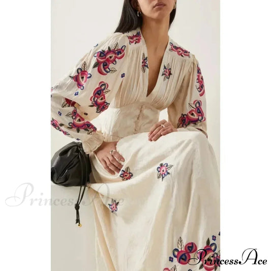 V-neck Flowery A-line Lantern Sleeve Cotton Boho Dress bohodress-250126