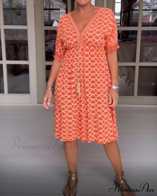 V-neck fringed dress Orange / S