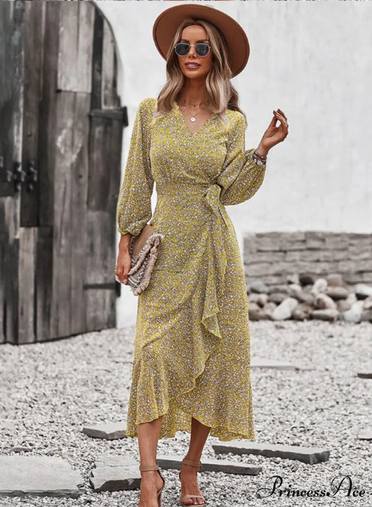 V Neck Full Sleeve High Waist Bandage Print Dress for Spring/Autumn S / BLUE