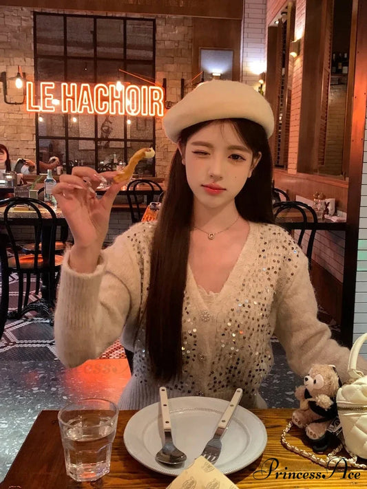 V-neck Gray Sequin Short Knit Cardigan Beige / One Size