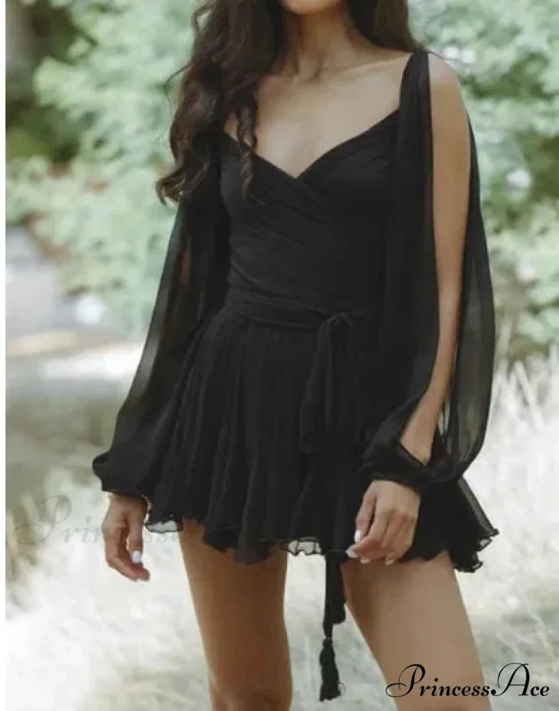 V Neck Hollow Out Lantern Sleeve Mini Dress - Solid Color - Christmas Party Dress Black / XS