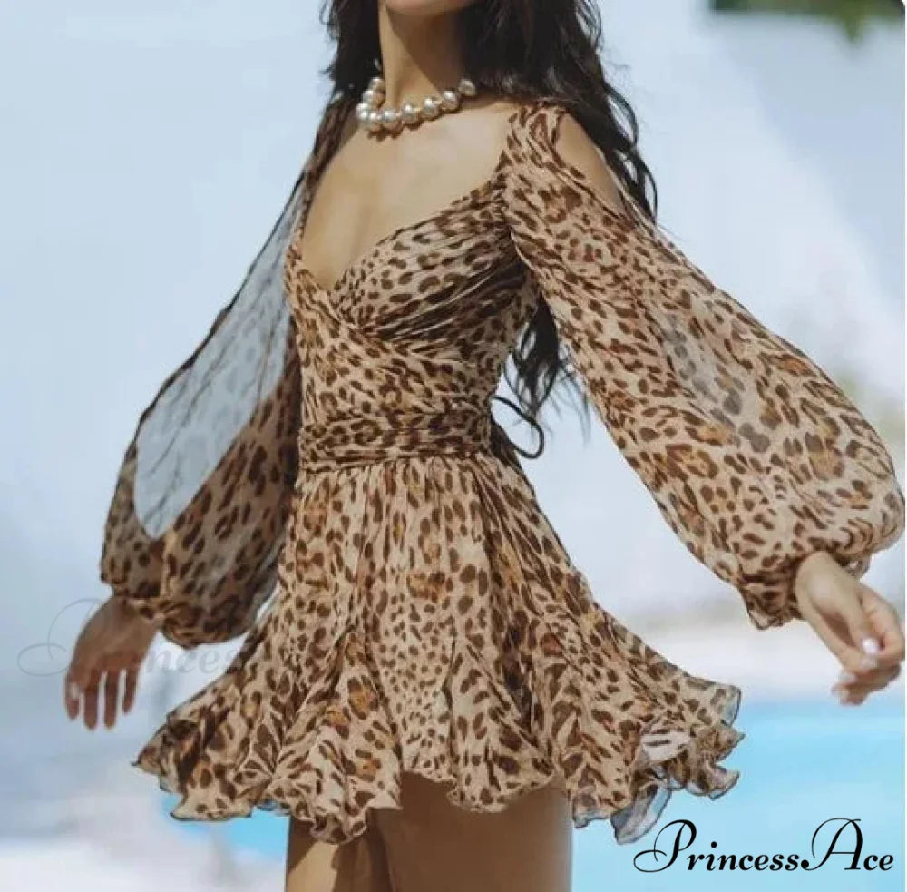 V Neck Hollow Out Lantern Sleeve Mini Dress - Solid Color - Christmas Party Dress leopard print / XS
