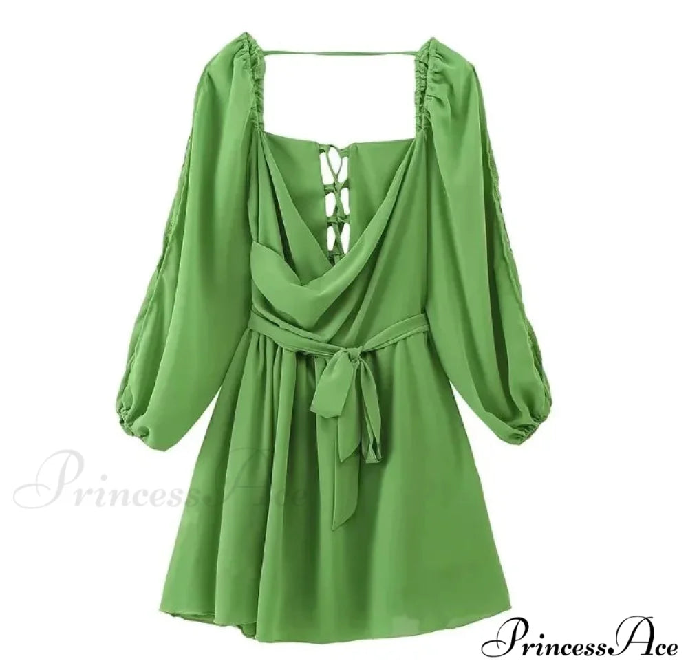 V Neck Hollow Out Lantern Sleeve Mini Dress - Solid Color - Christmas Party Dress light green / XS