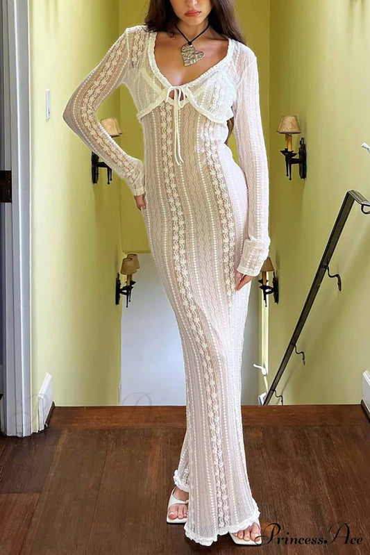 V Neck Lace Two-Piece Dress with Slit Apricot / S