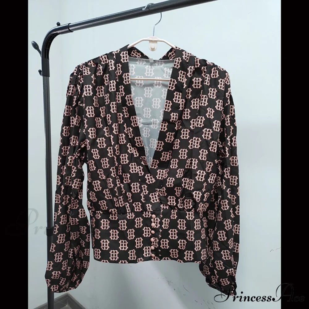 V-neck Lantern Sleeve Patchwork Printing Blouse