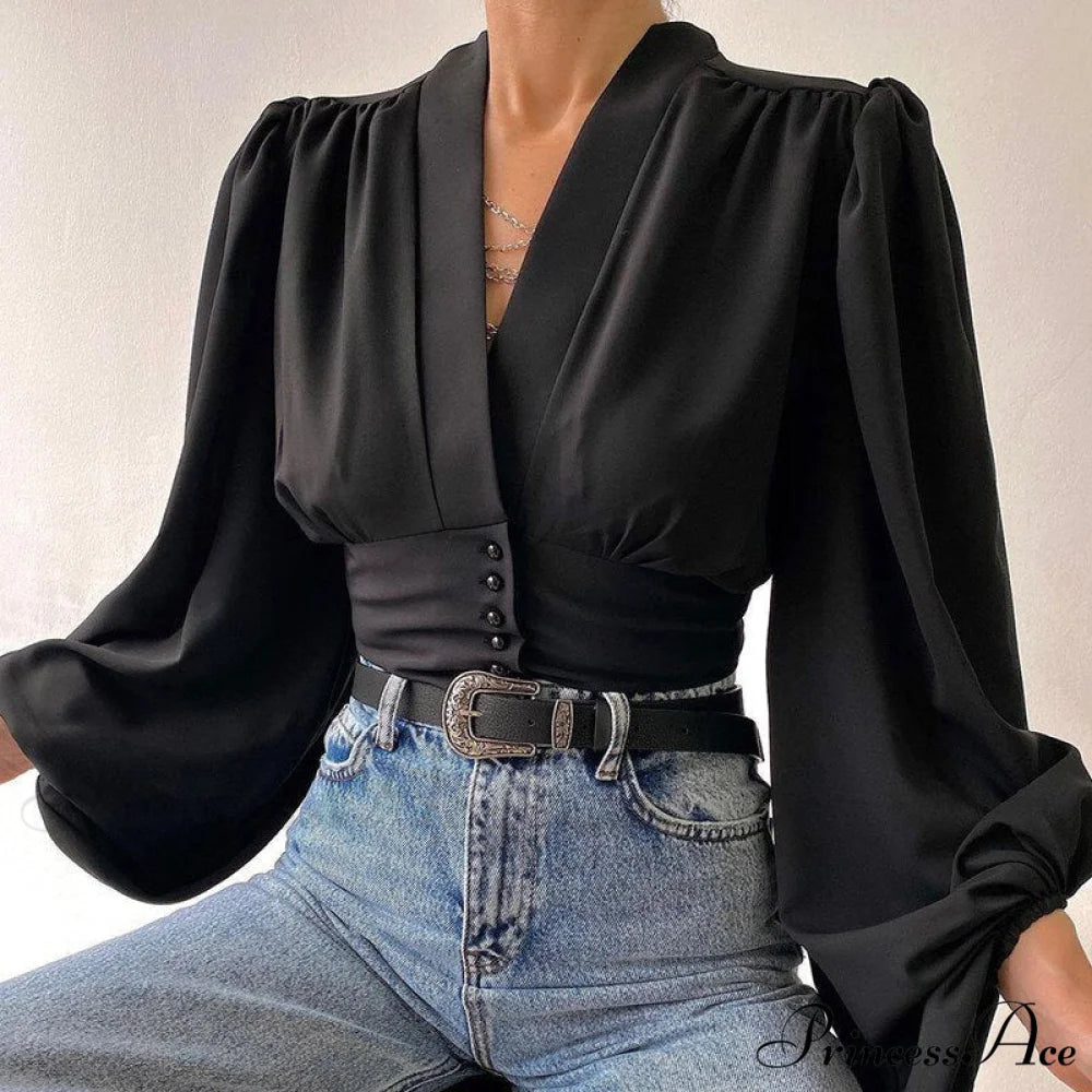 V-neck Lantern Sleeve Patchwork Printing Blouse black / S