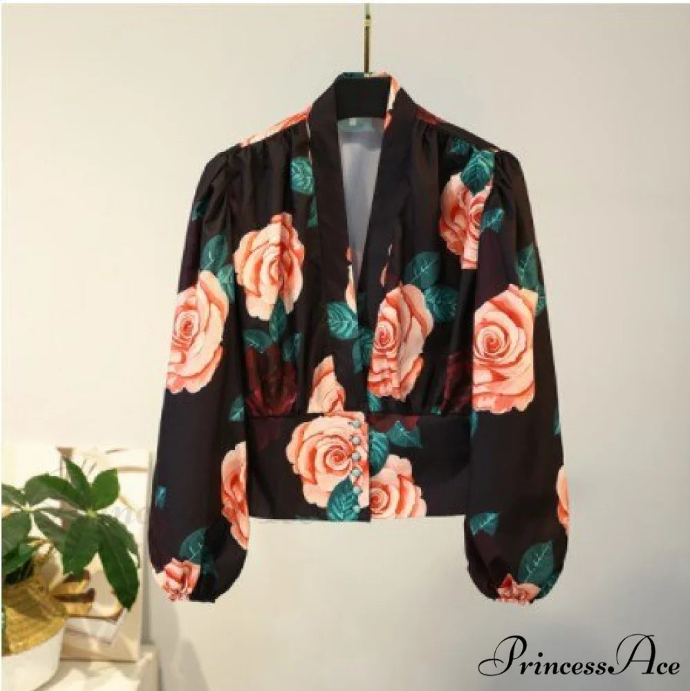 V-neck Lantern Sleeve Patchwork Printing Blouse flowers / S