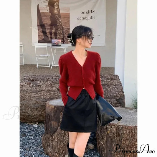 V-Neck Long Sleeve Crop Solid Red Cardigan Red / S