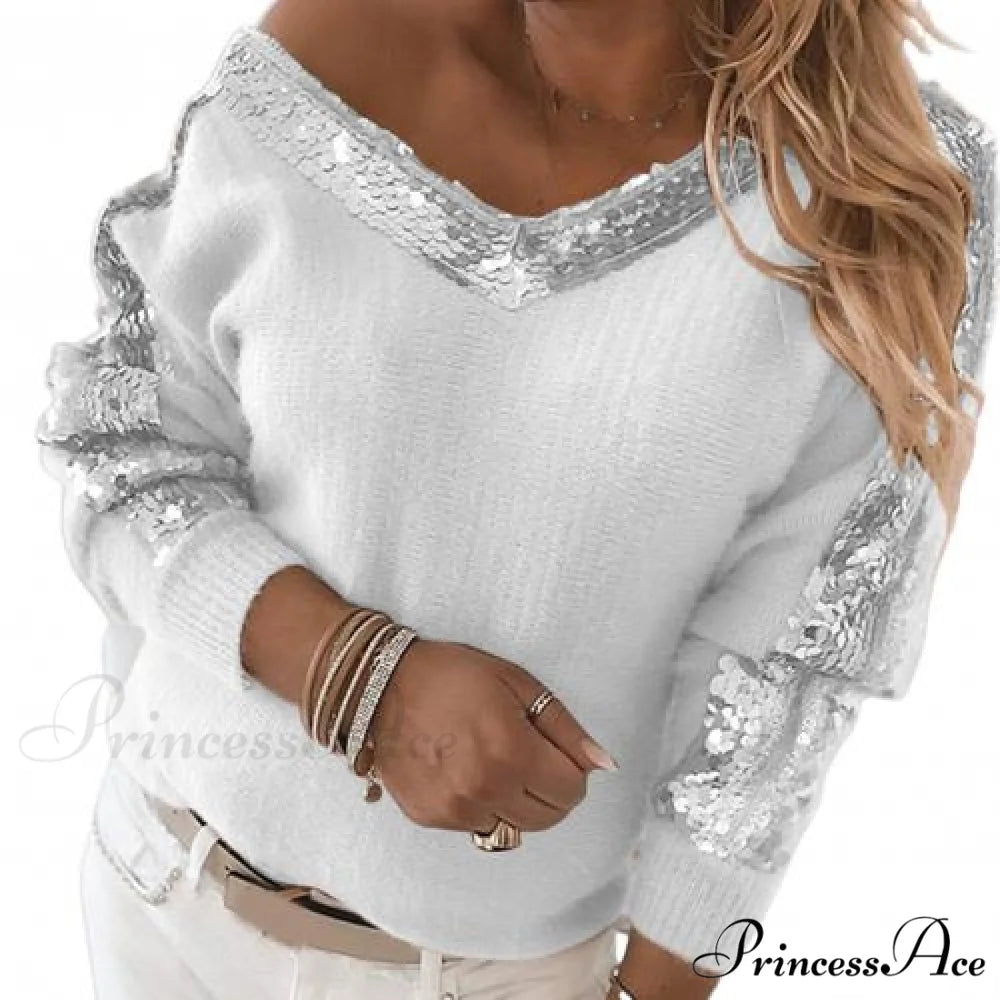 V Neck Long Sleeve Sequins One Shoulder Pullover White / S Sweatshirts & Hoodies-L