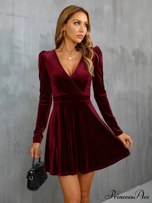 V-Neck Long Sleeve Velvet Dress S / army green