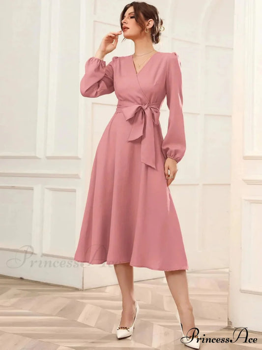 V-NECK LONG-SLEEVED DRESS WITH BUBBLE SLEEVE BELT