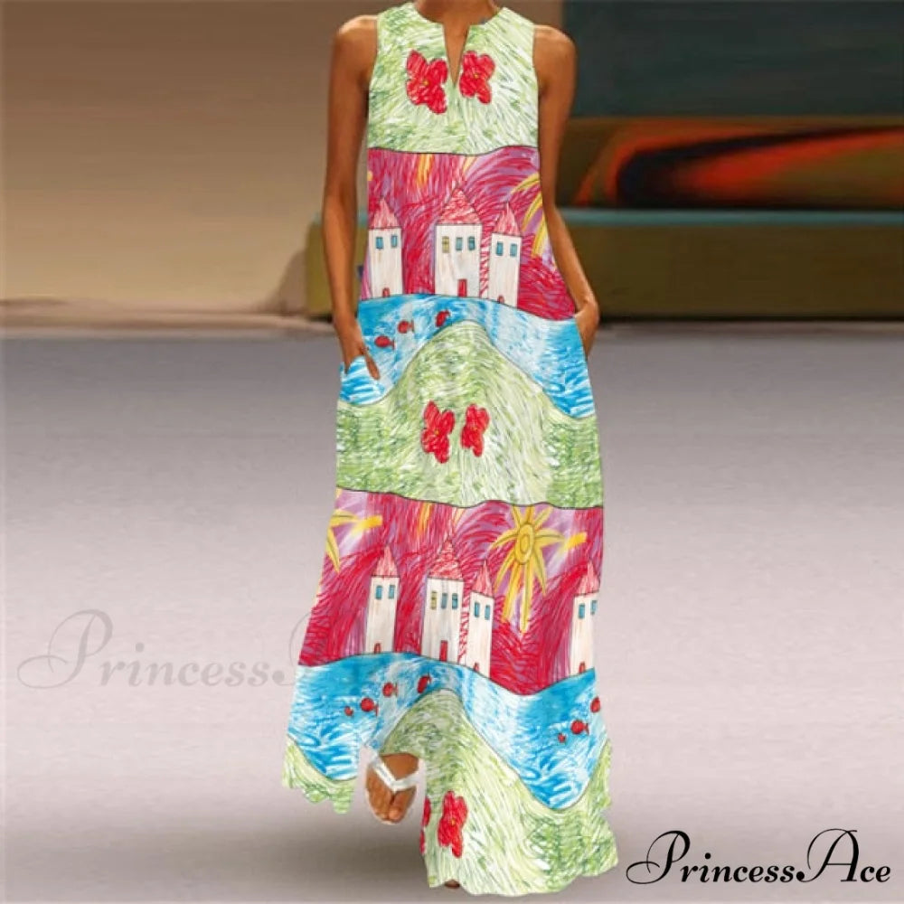 V-Neck Printed Emerald Flower Dress