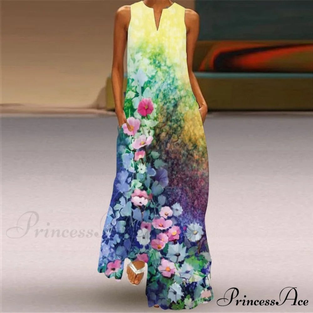 V-Neck Printed Emerald Flower Dress blue / S