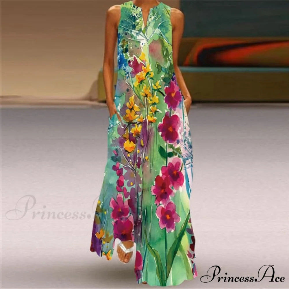 V-Neck Printed Emerald Flower Dress green & red / XXXL