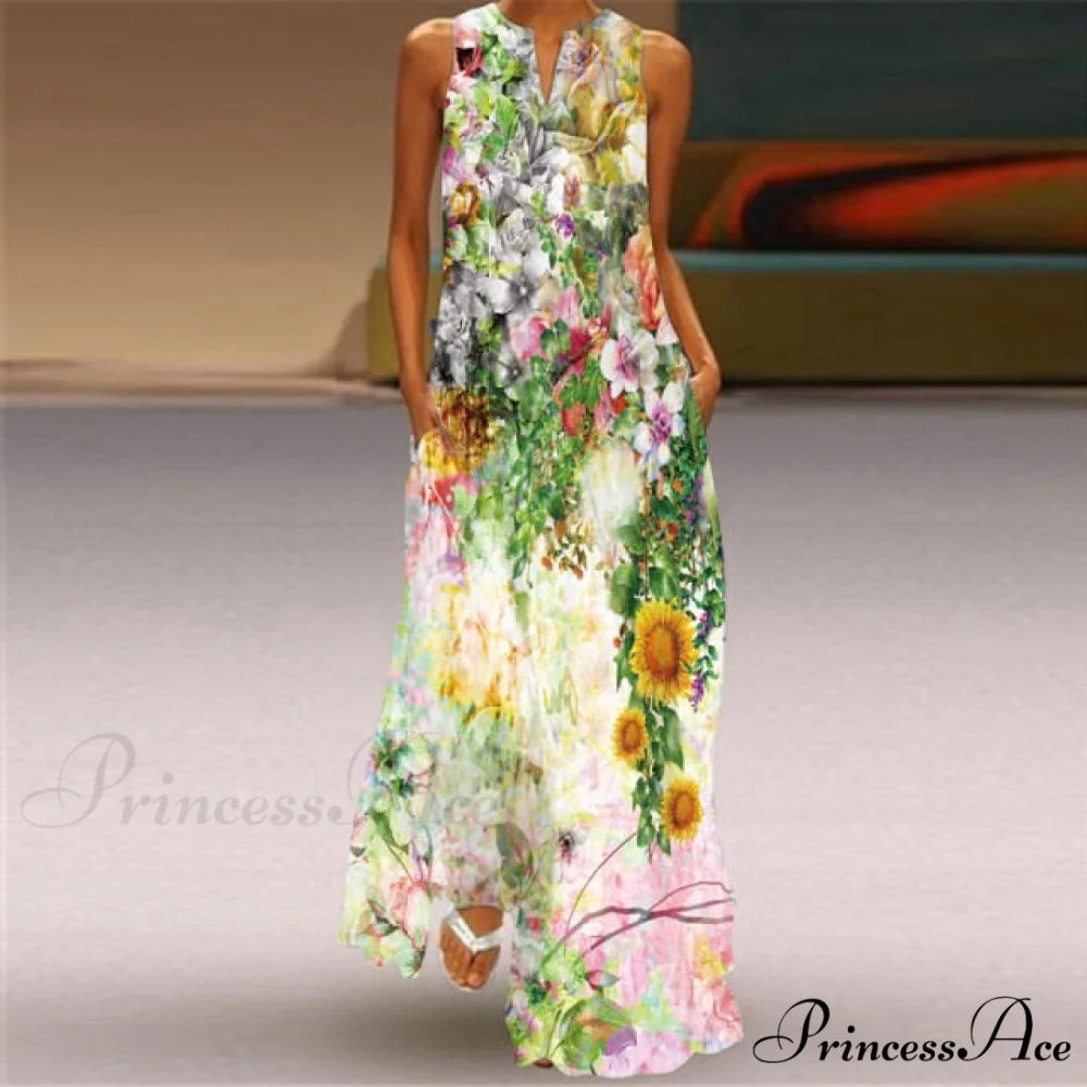 V-Neck Printed Emerald Flower Dress white 2 / S