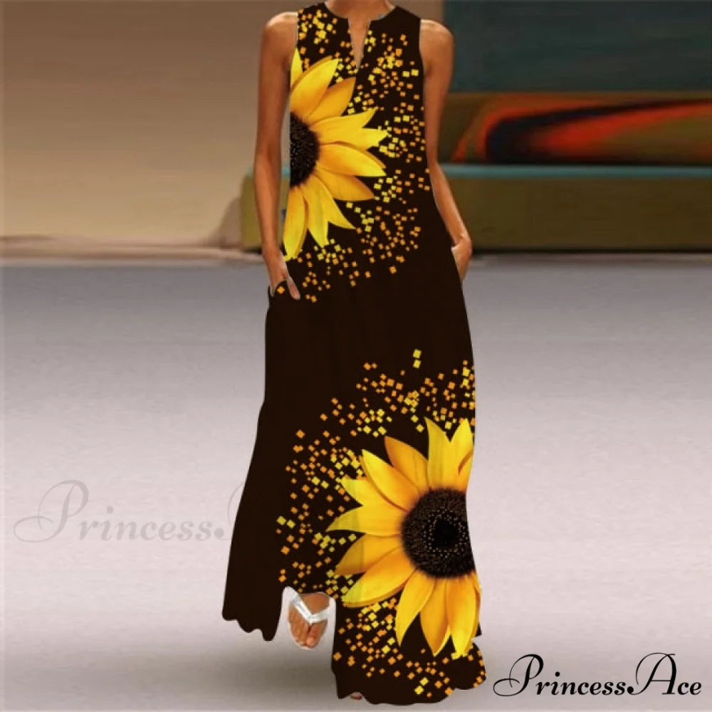 V-Neck Printed Emerald Flower Dress yellow / S