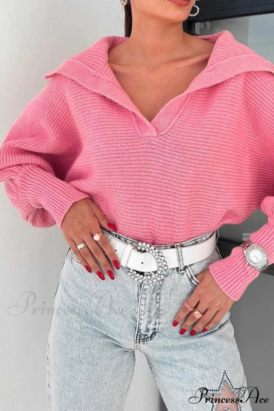 V Neck Puff Sleeve Sweater with Lapel Pink / S