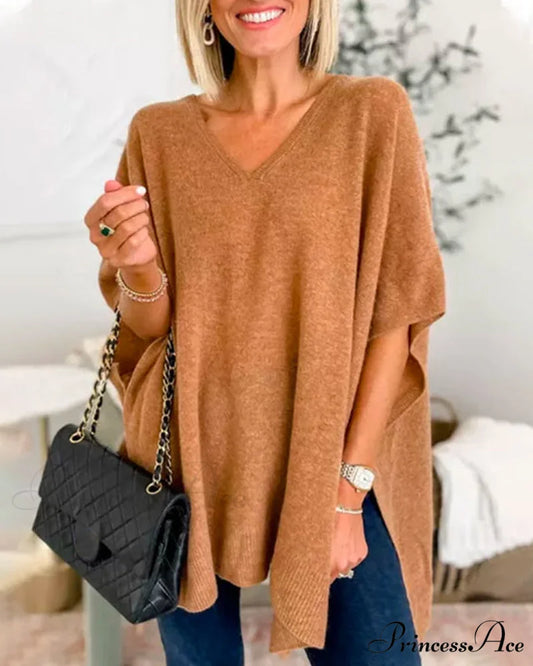 V-neck Pullover Sweater Khaki / S