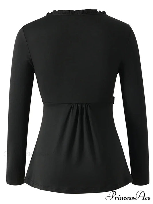 V-neck Ruched Solid Color Vintage Ruched Buttons T-Shirts