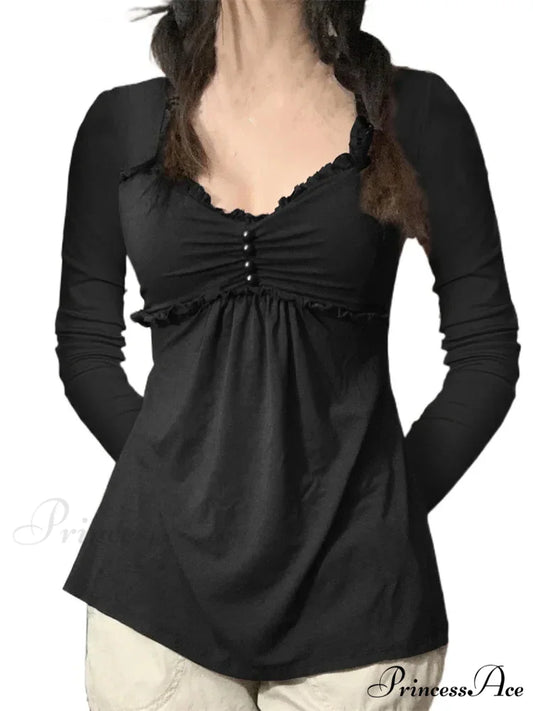 V-neck Ruched Solid Color Vintage Ruched Buttons T-Shirts BLACK / S