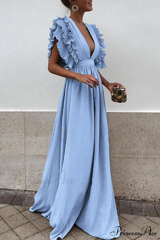 V Neck Ruffled High Waist Party Dress S / White