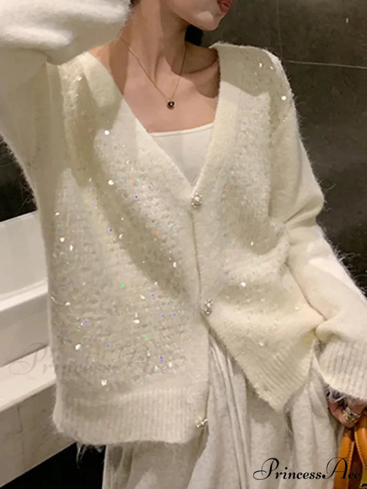 V-neck Sequin Sparkling Cardigan White / One Size