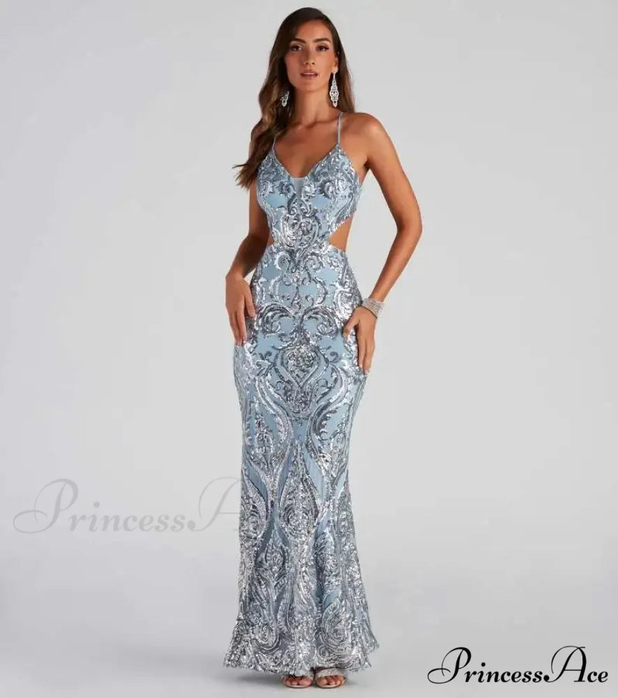 V-Neck Sequined Party Dress Light Blue / S