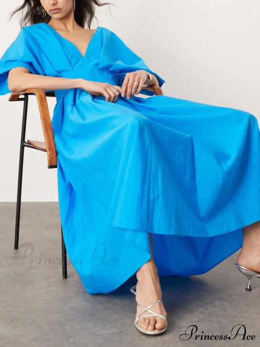 V-Neck Short Sleeve Charming Midi Dress In Blue