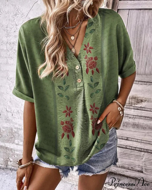V-neck short-sleeved floral tee Green / S