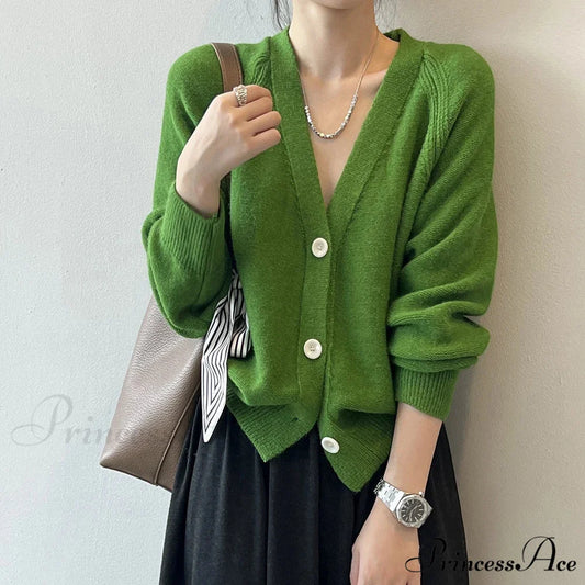 V-Neck Single Button Knitted Green Cape Clothes Autumn Women Christmas Sweater Green / One Size