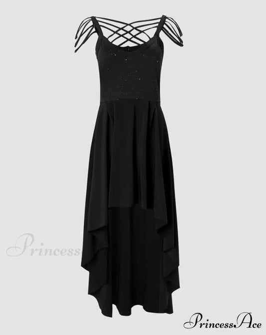 V-Neck Sleeveless Crisscross Tassel Design High Low Hem Glitter Party Dress BLACK / XL