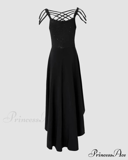 V-Neck Sleeveless Crisscross Tassel Design High Low Hem Glitter Party Dress BLACK / XL