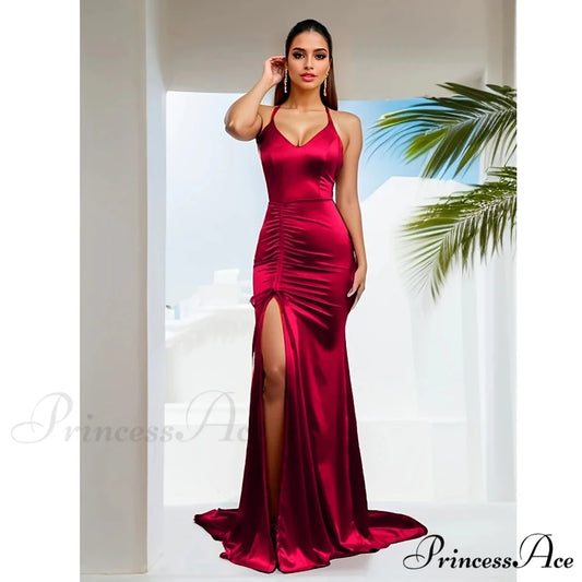V-Neck Sleeveless Satin Party Dress Burgundy / XS