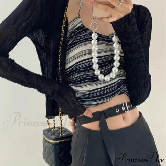 V-Neck Slim Long Sleeve Sun Protection Informal Black White Cardigan Black / One Size cardiagn-250126