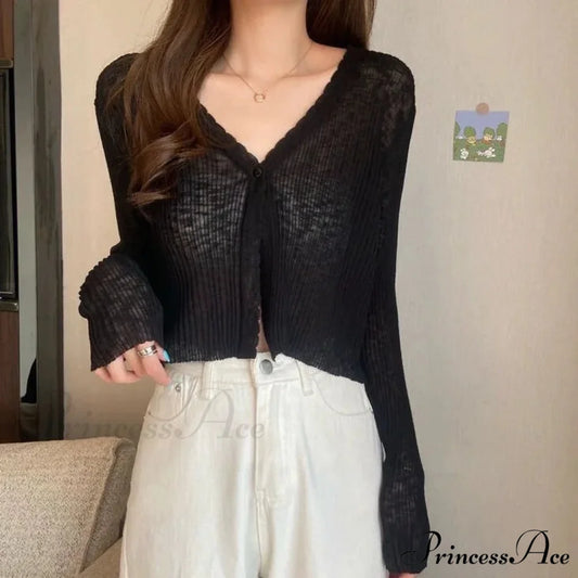 V-Neck Slim Sun Protection Korean Style Knitted Summer Cardigan Black / One Size cardiagn-250126