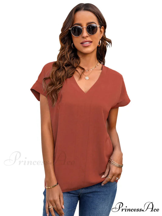 V-neck Solid sleeve T-shirt for short women