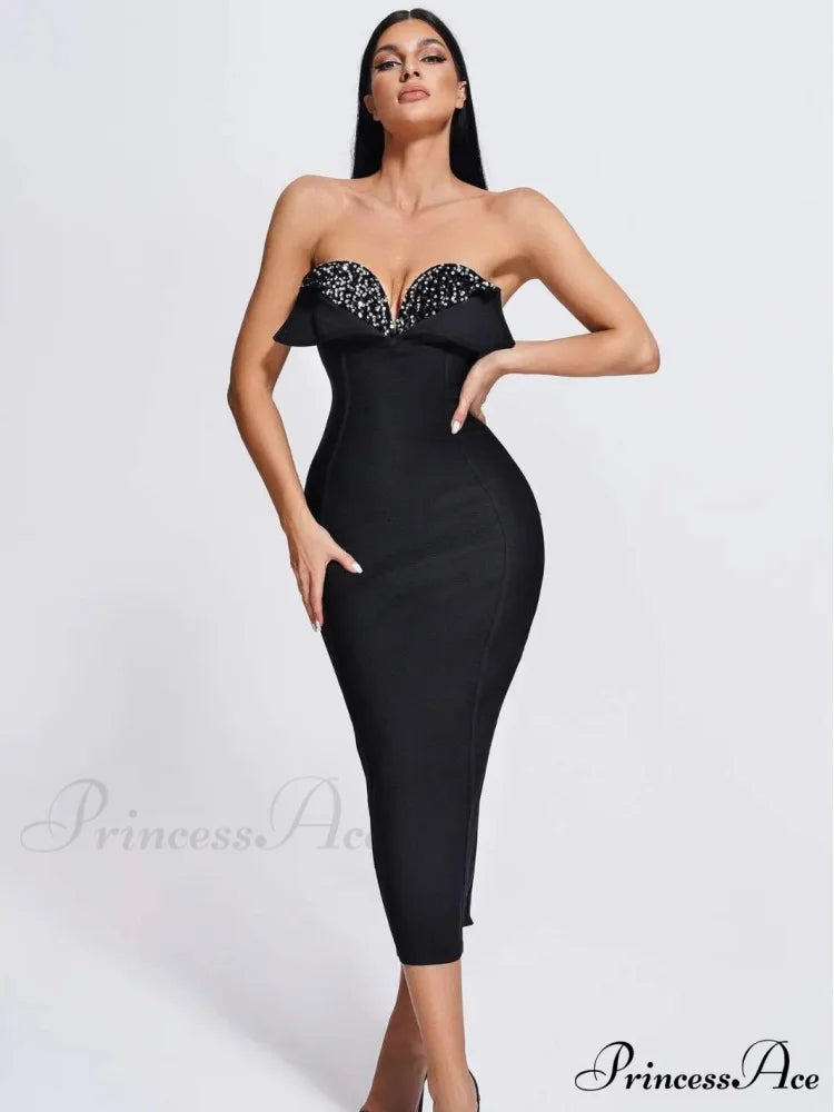 V-Neck Strapless Black Party Dress Black / S
