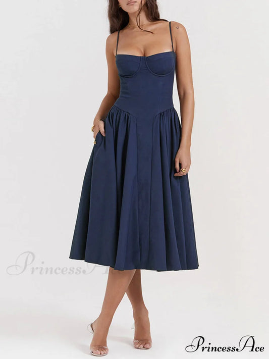 V-Neck Strapless Stylish Midi Dress Navy Blue / XS