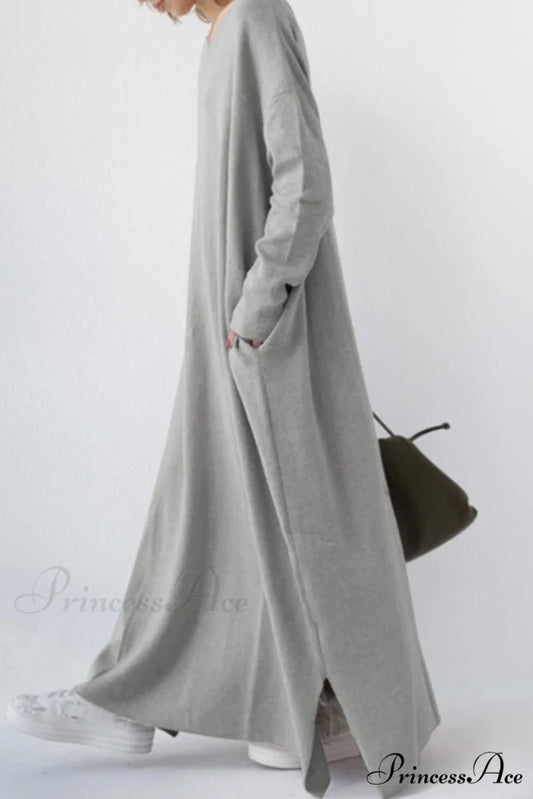 V Neck Sweatshirt Dress with Slit Hem Grey / XL