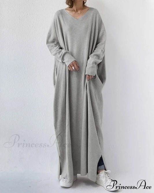 V Neck Swing Dress - Long Sleeve Gray / S