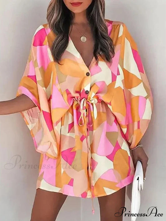 V-Neck Tie Printed Charming Batwing Sleeve Dress Pink / S