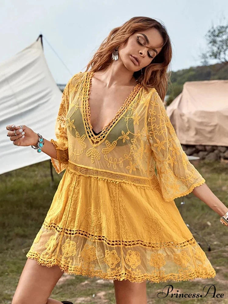 V-neck Transparent Lace Boho Cover-up bohodress-250126