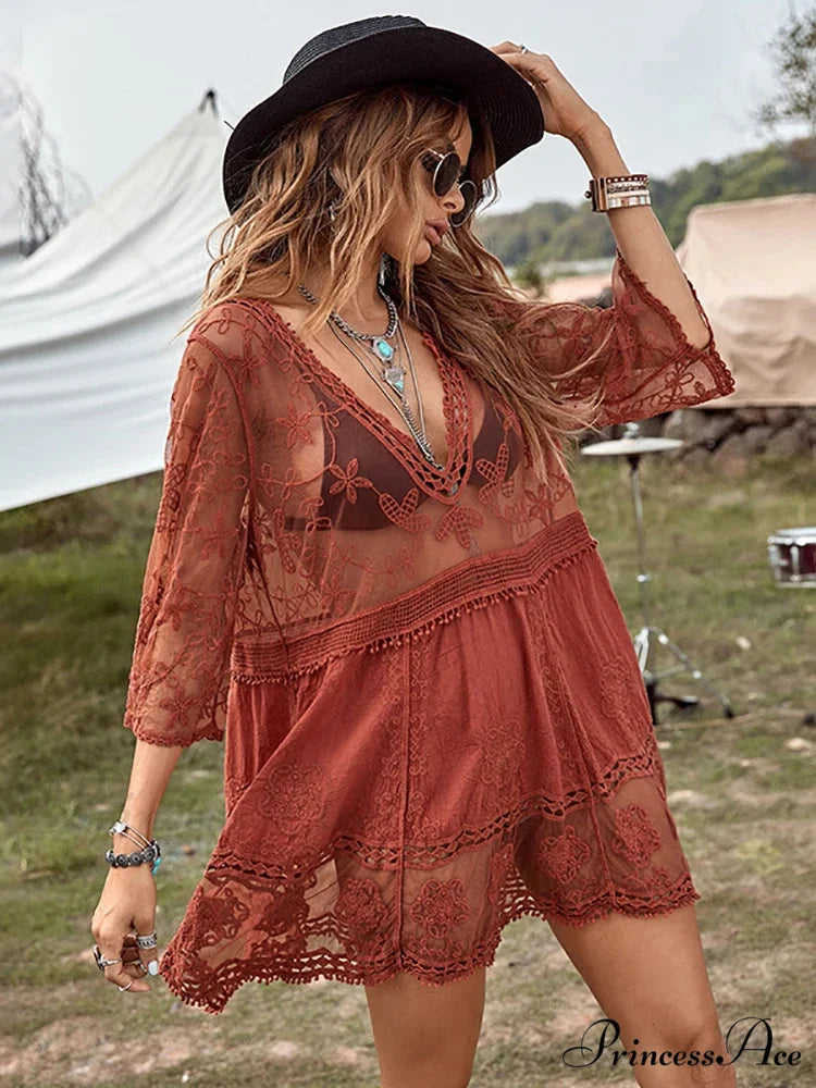 V-neck Transparent Lace Boho Cover-up bohodress-250126