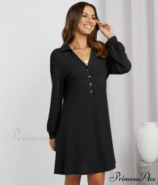 V-neck Waffle Shirt Skirt Loose Dress S / military green