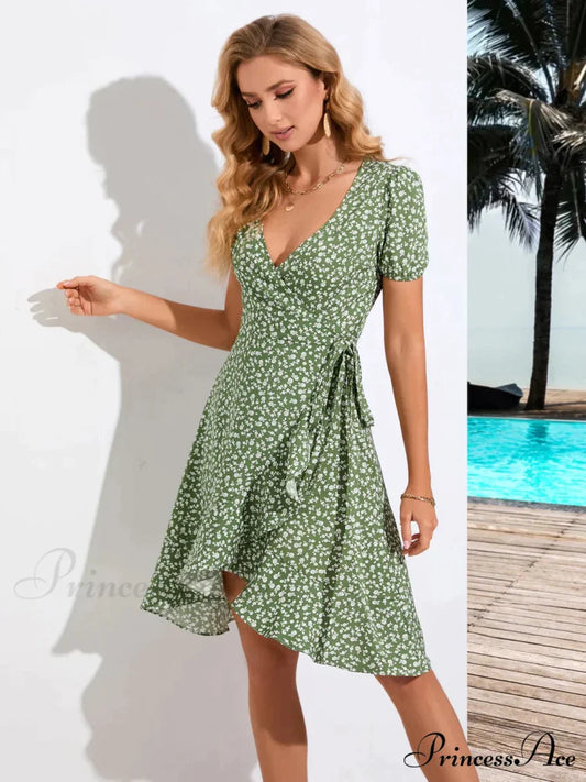 V-Neck with Gown Flowered Arm Brief Bohemian Print