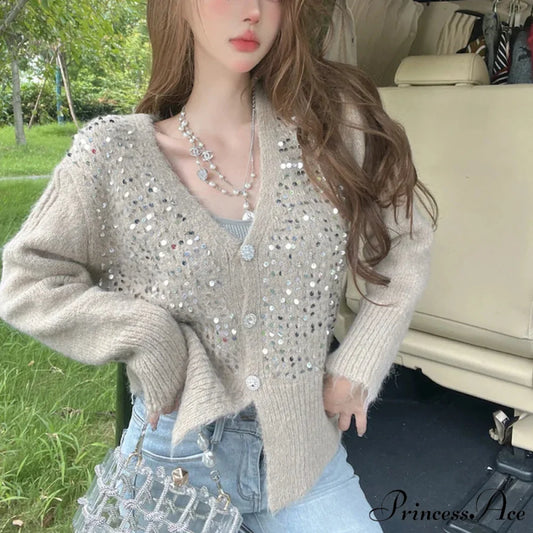 V-shaped Grey Sparkling Knitted Short Cardigan Khaki / One Size cardigans-241228