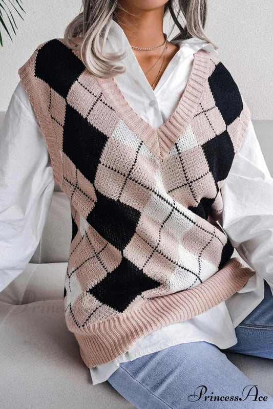 V Sweater Tank Checked with Knit Neck Pink / S