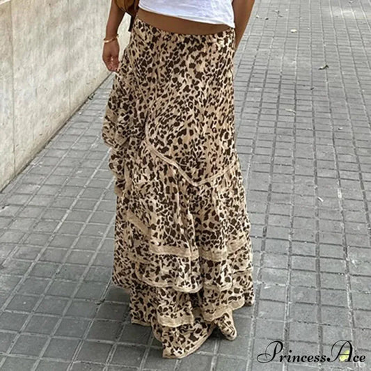 Vacation Skirts Short Waist Cheetah Pattern Long Patched Asymmetrical skirt-250126