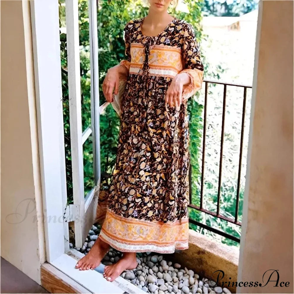 Various Flower Pattern Tie Neck Fringe Retro Free-Spirited Long Dress BLACK / S bohodress-250126