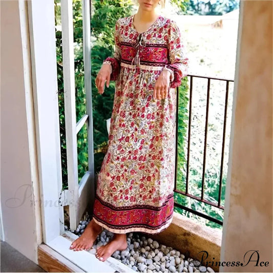 Various Flower Pattern Tie Neck Fringe Retro Free-Spirited Long Dress WHITE / S bohodress-250126
